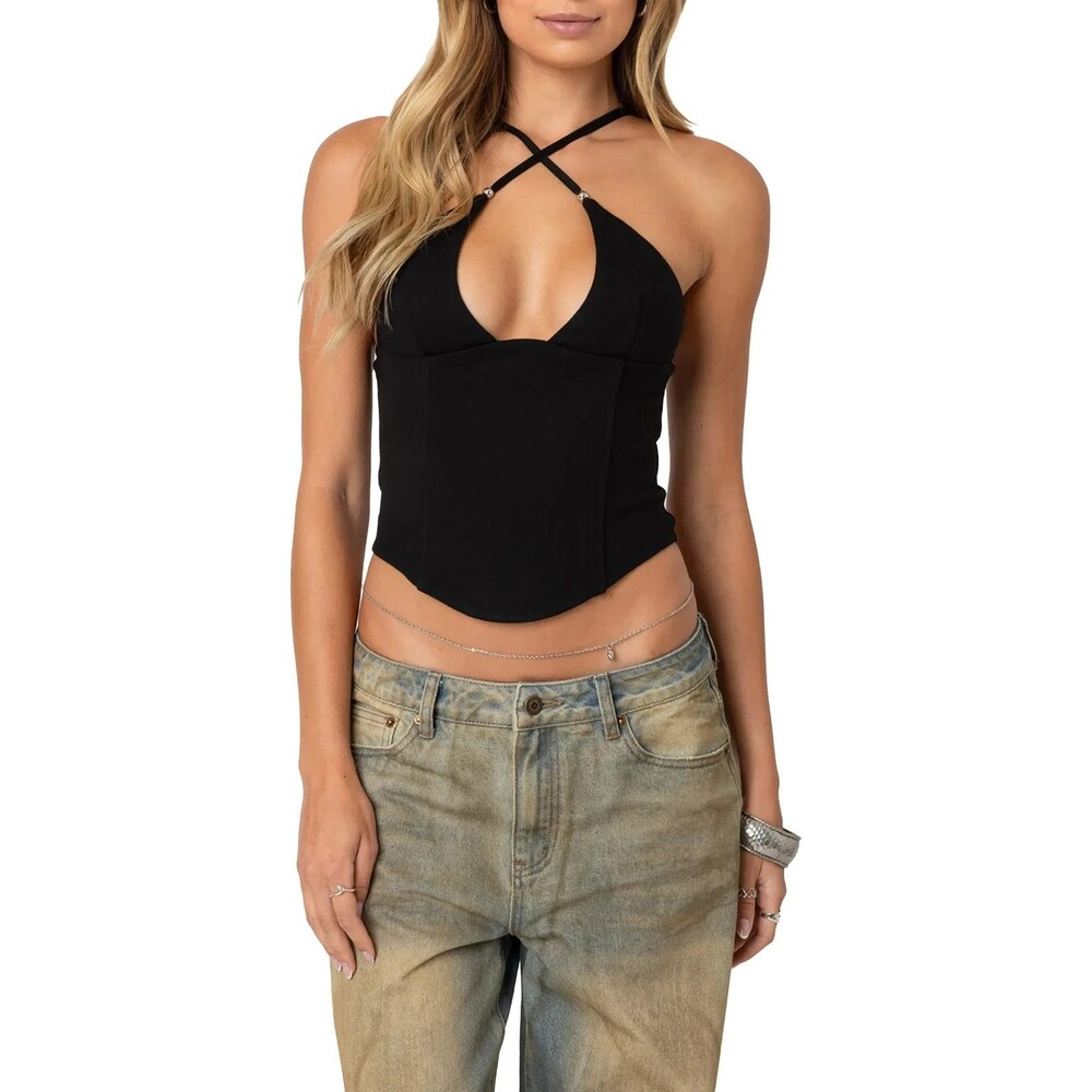 Edikted Lou Crossover Strap Corset Camisole Women's Size XS Black Beaded $54.40